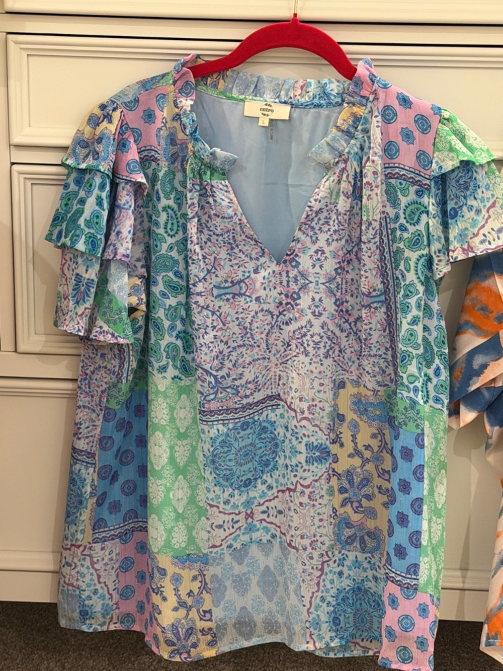 entro Multicolor Patchwork Ruffle Sleeve V-Neck Blouse